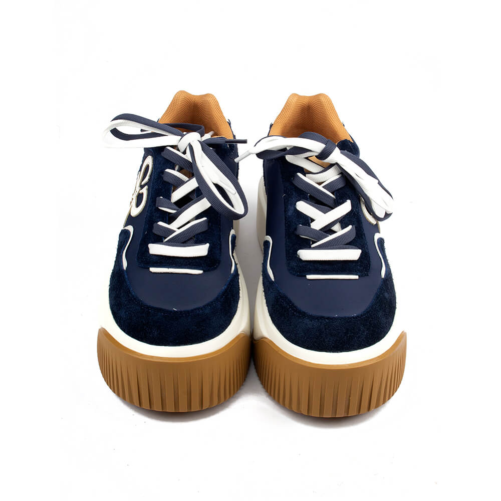 Women's luxury navy platform trainers with mixed suede and leather upper