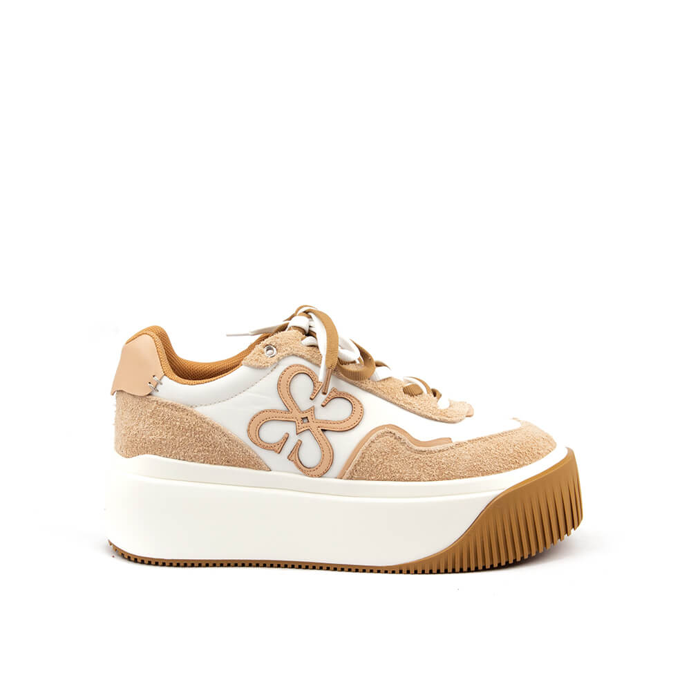 Women's platform sneakers in sand and white with suede panels and logo emblem