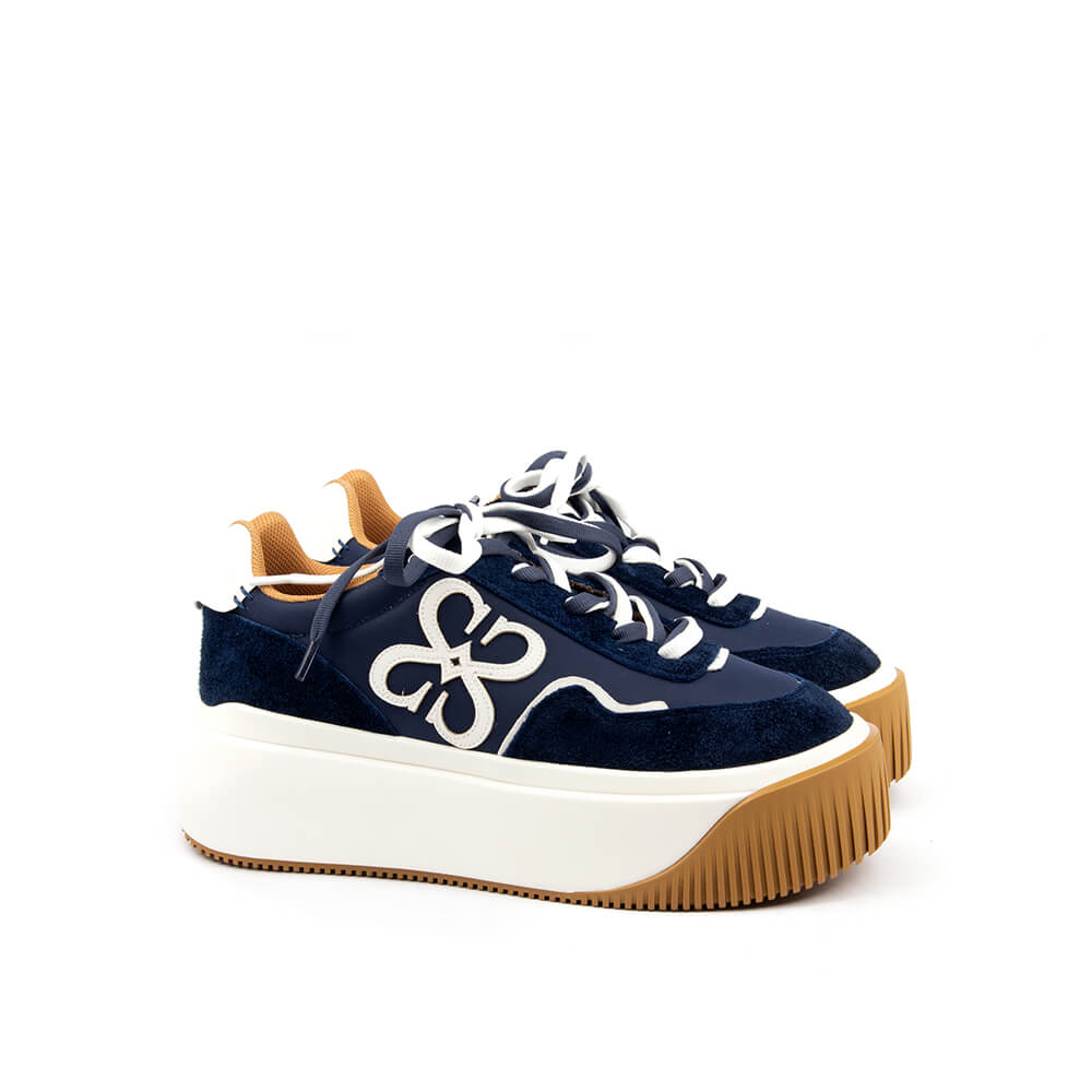 Women's navy platform trainers with lace-up closure and logo brand emblem