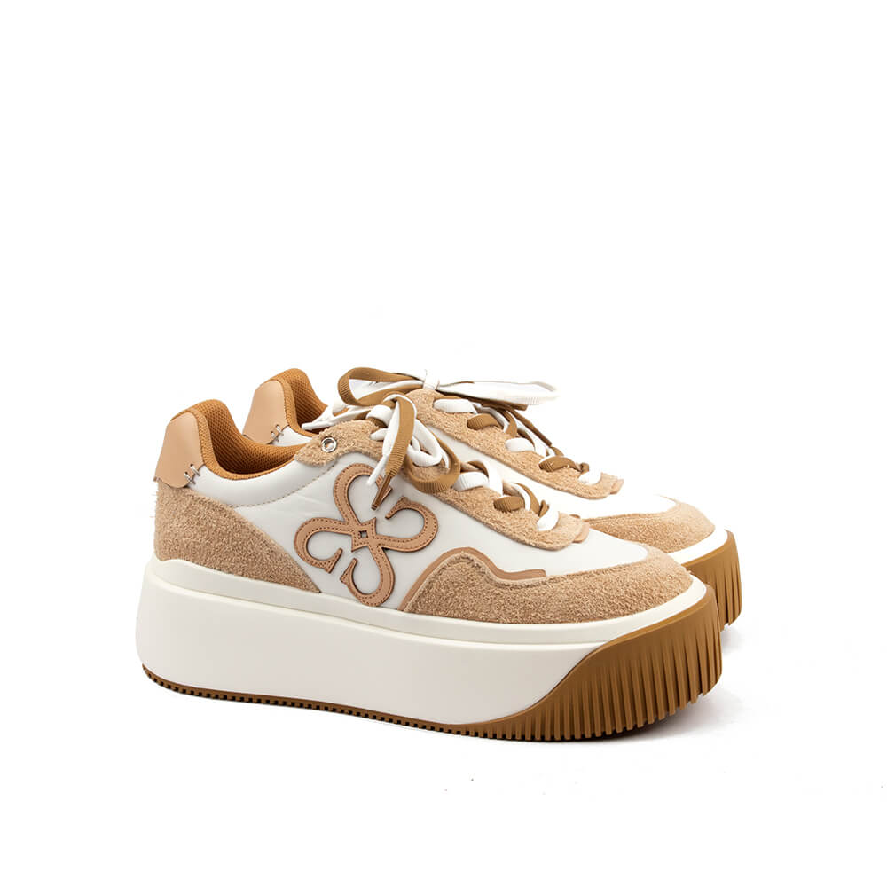 Women's luxury platform trainers with tan suede overlay and white chunky sole
