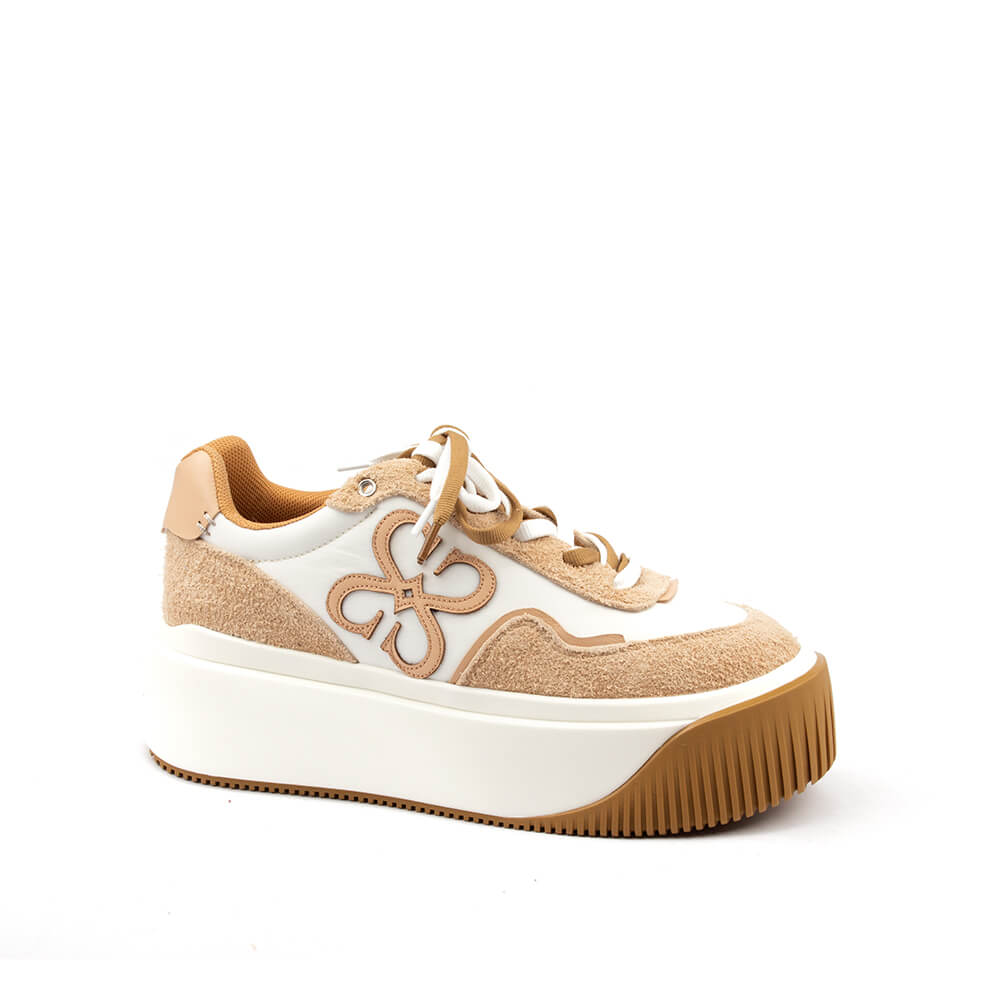 Beige and white platform sneakers with embroidered logo and lace-up closure