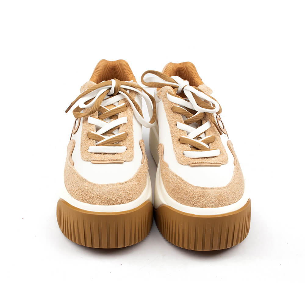 Mixed material platform trainers in sand white with tan heel tab accent