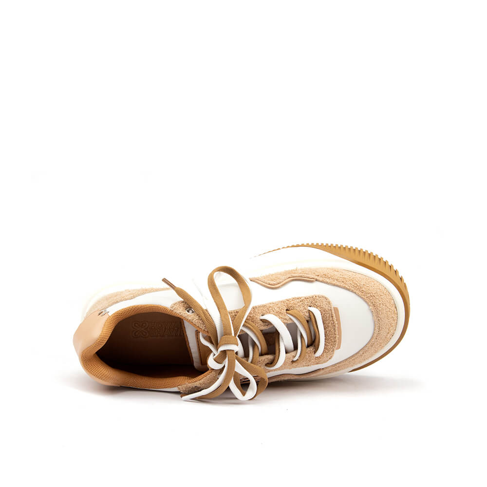 Women's elevated trainers in beige suede and white leather with logo detail
