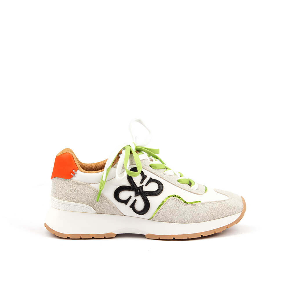 Retro runner sneakers in white and grey suede with neon green laces and orange heel tab