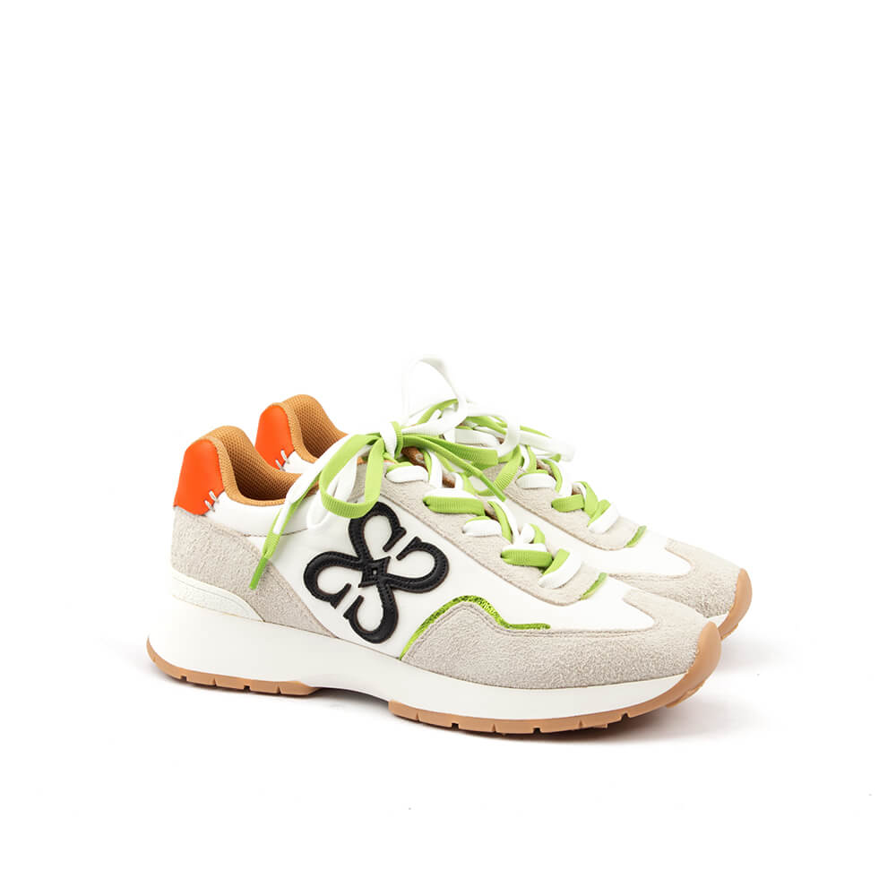 White neon pop runner sneakers with embroidered logo and gum rubber sole