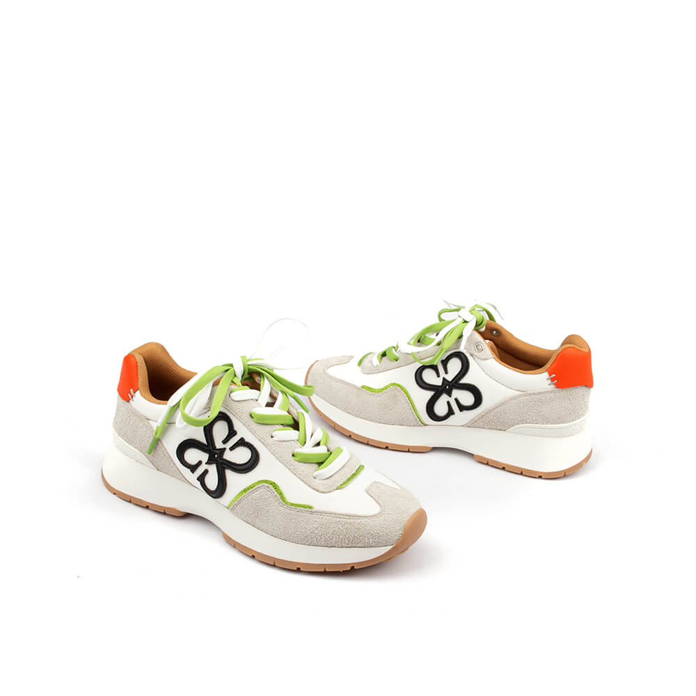 White and grey suede women's trainers with bold embroidered logo detail
