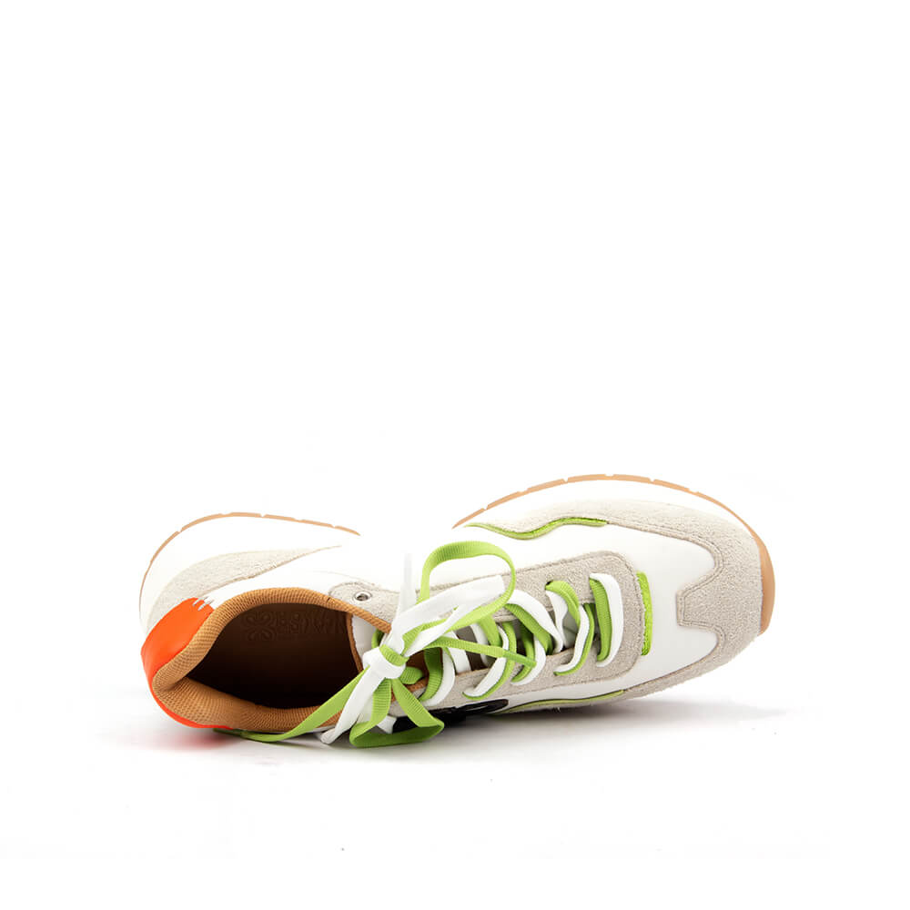 Retro runner sneakers with neon green laces and orange heel tab — side view