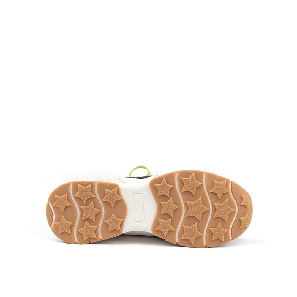 Retro runner sneakers with neon green laces and orange heel tab — bottom view