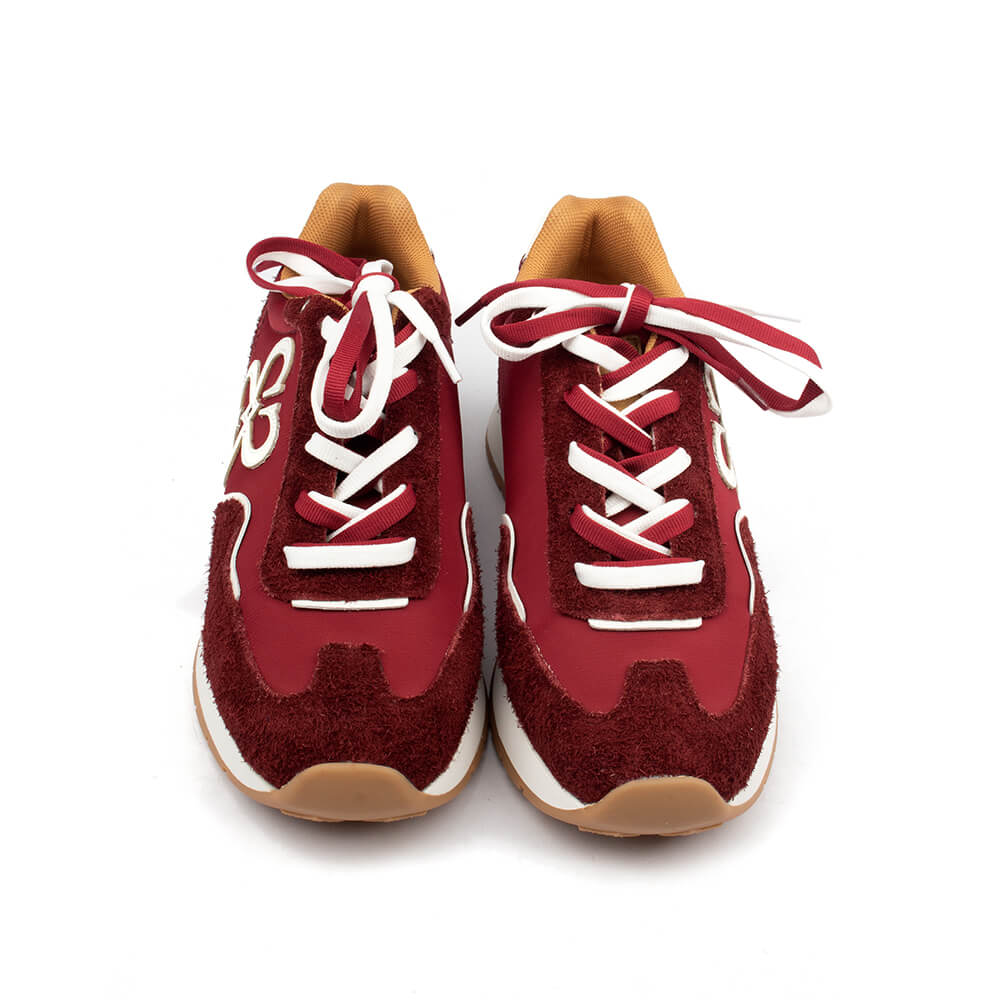 Burgundy suede runner trainers with white logo appliqué and gum rubber outsole
