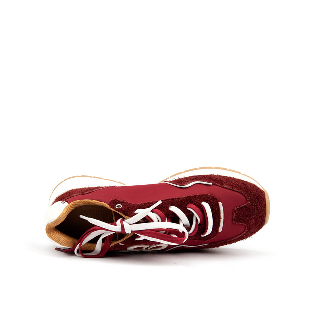 Women's bordeaux red chunky sneakers with tan heel tab and white midsole