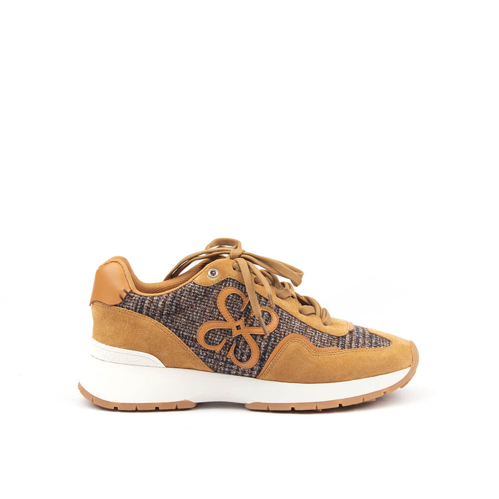 Howard Shawn camel tweed runner sneakers women suede HS logo