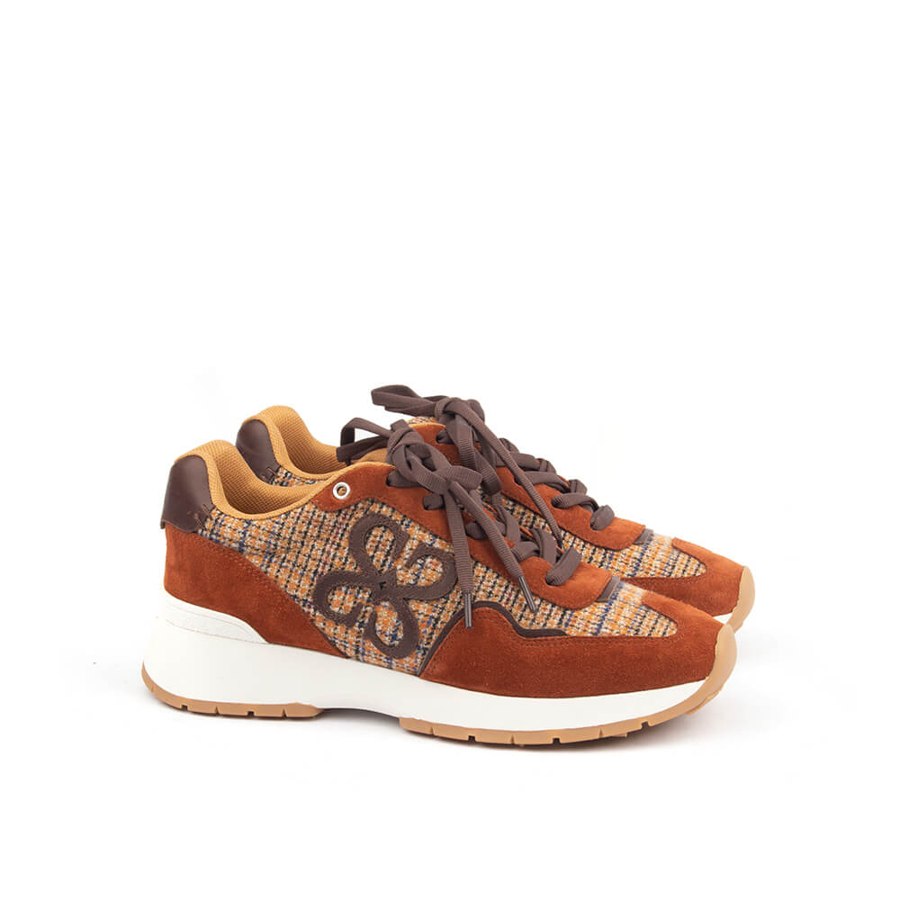 Rust orange suede tweed panel runner trainers Howard Shawn HS logo
