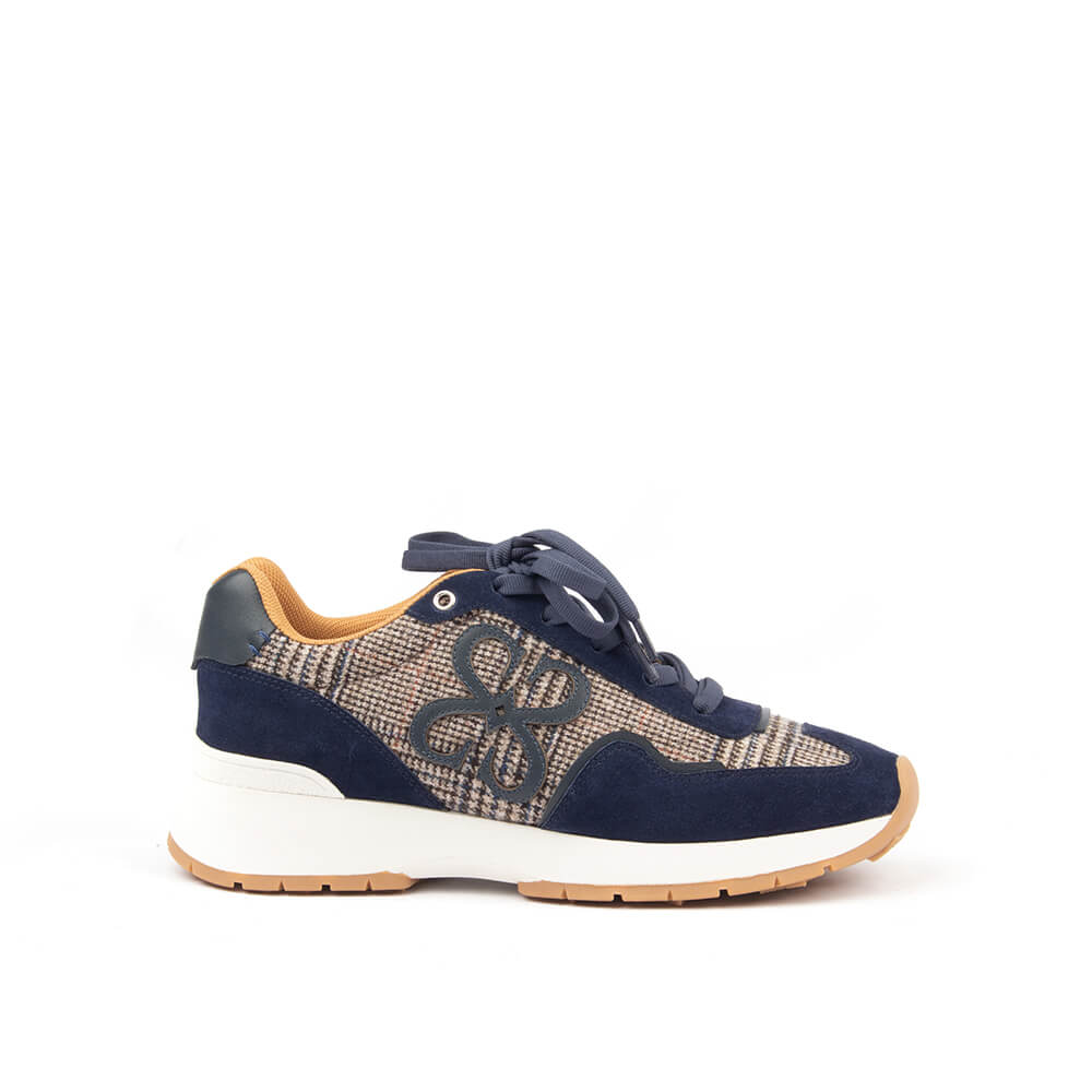 Howard Shawn navy tweed runner sneakers women suede HS logo mustard