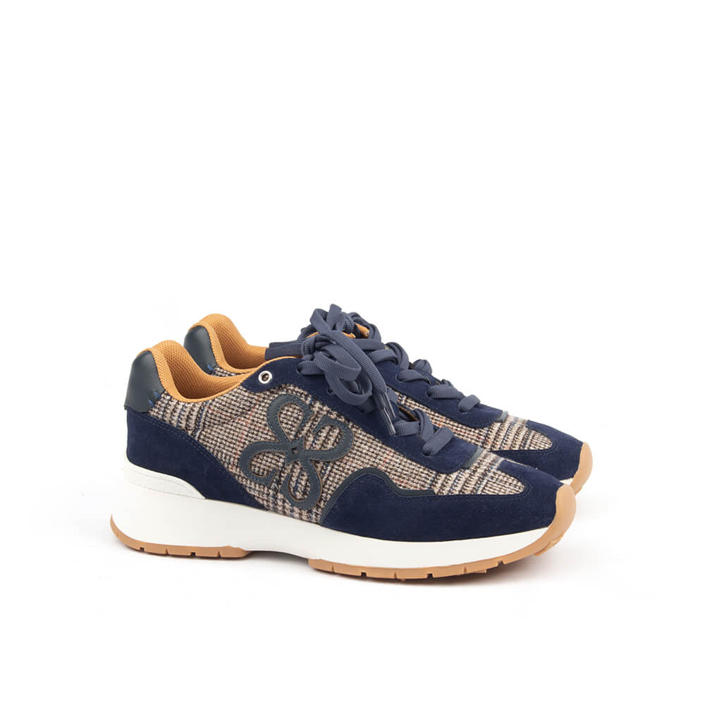 Navy suede plaid tweed panel runner trainers Howard Shawn HS logo