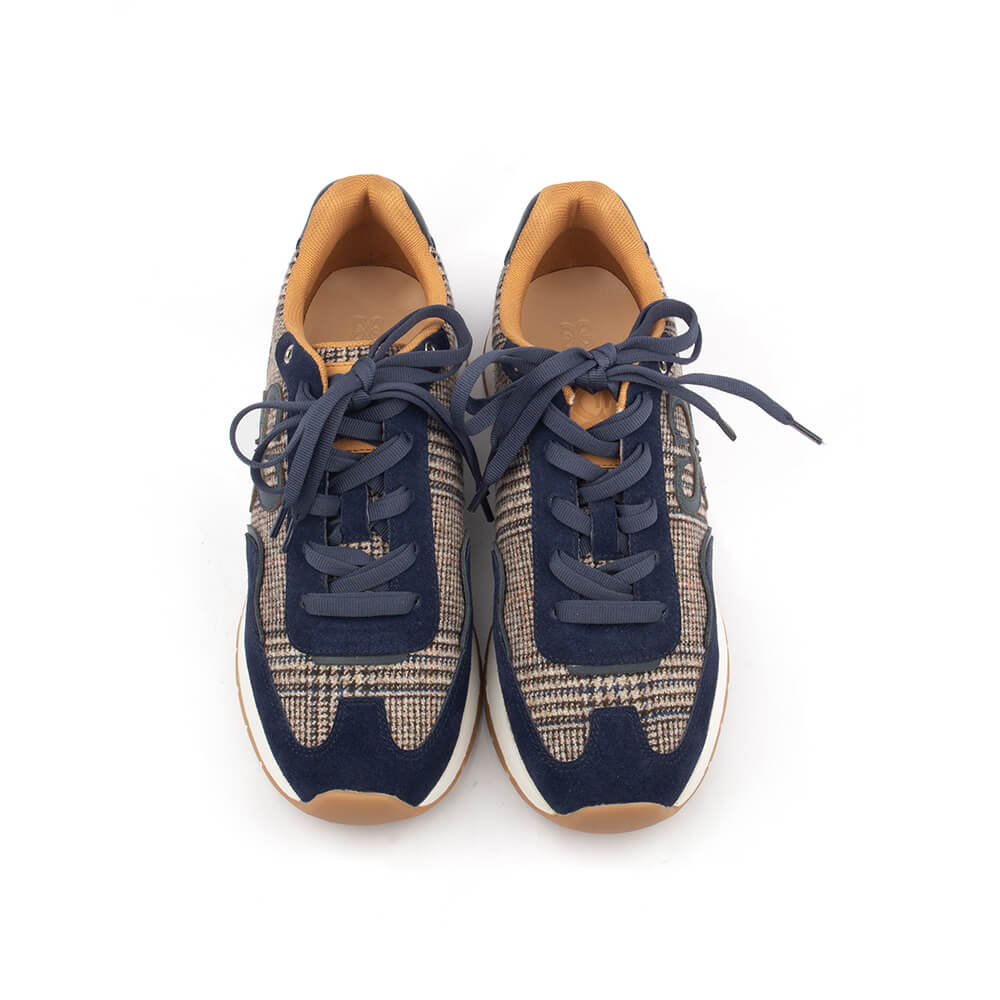 Howard Shawn tweed runner sneakers navy suede mustard tongue gum sole
