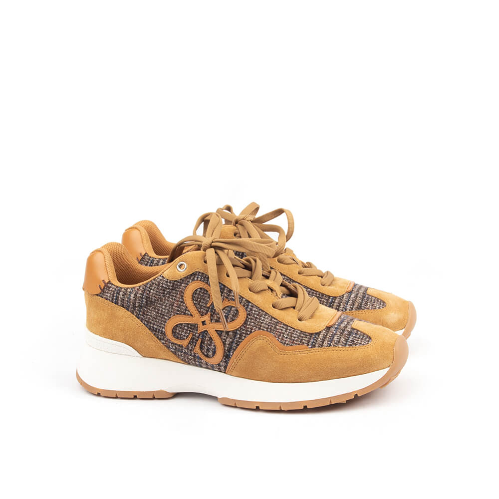 Camel suede tweed panel runner trainers Howard Shawn HS logo appliqué