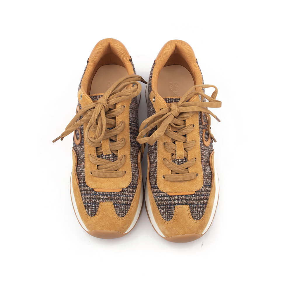Howard Shawn tweed runner sneakers camel tan suede gum sole women