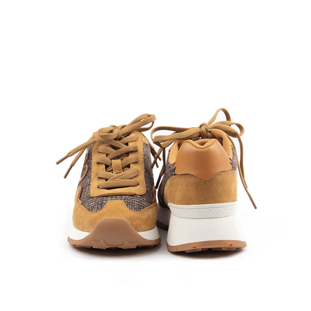 Women's Howard Shawn camel tweed trainers HS logo suede panels