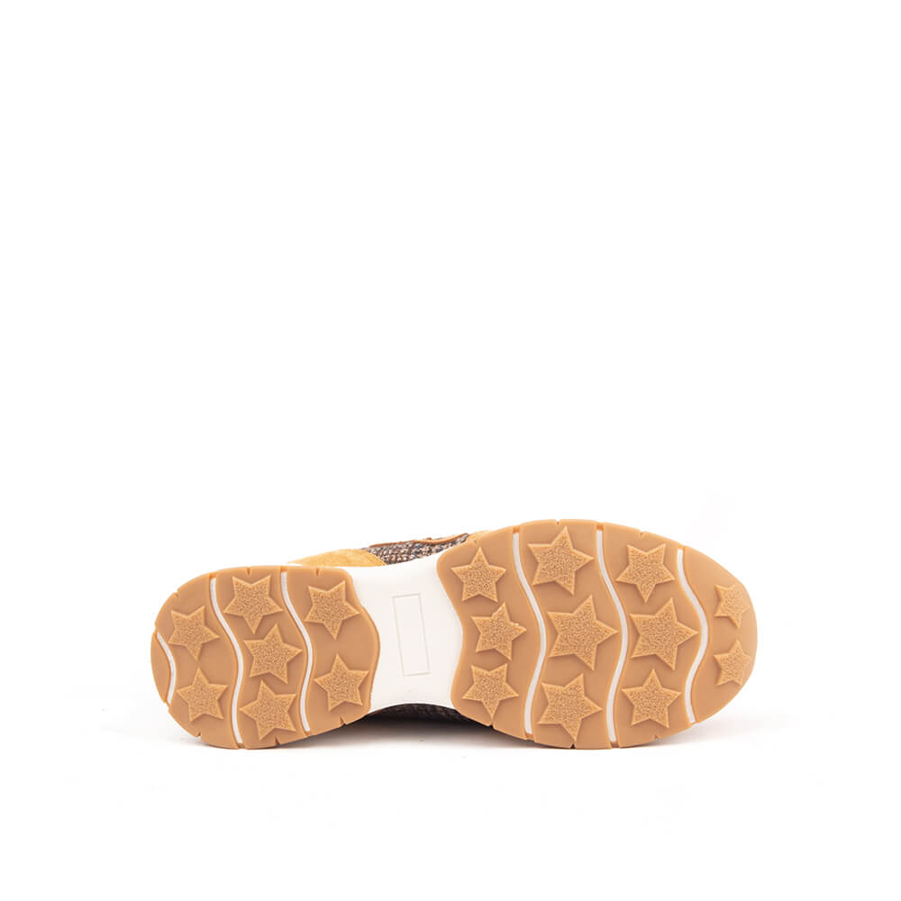 Camel tan suede heritage tweed runner sneakers Howard Shawn women
