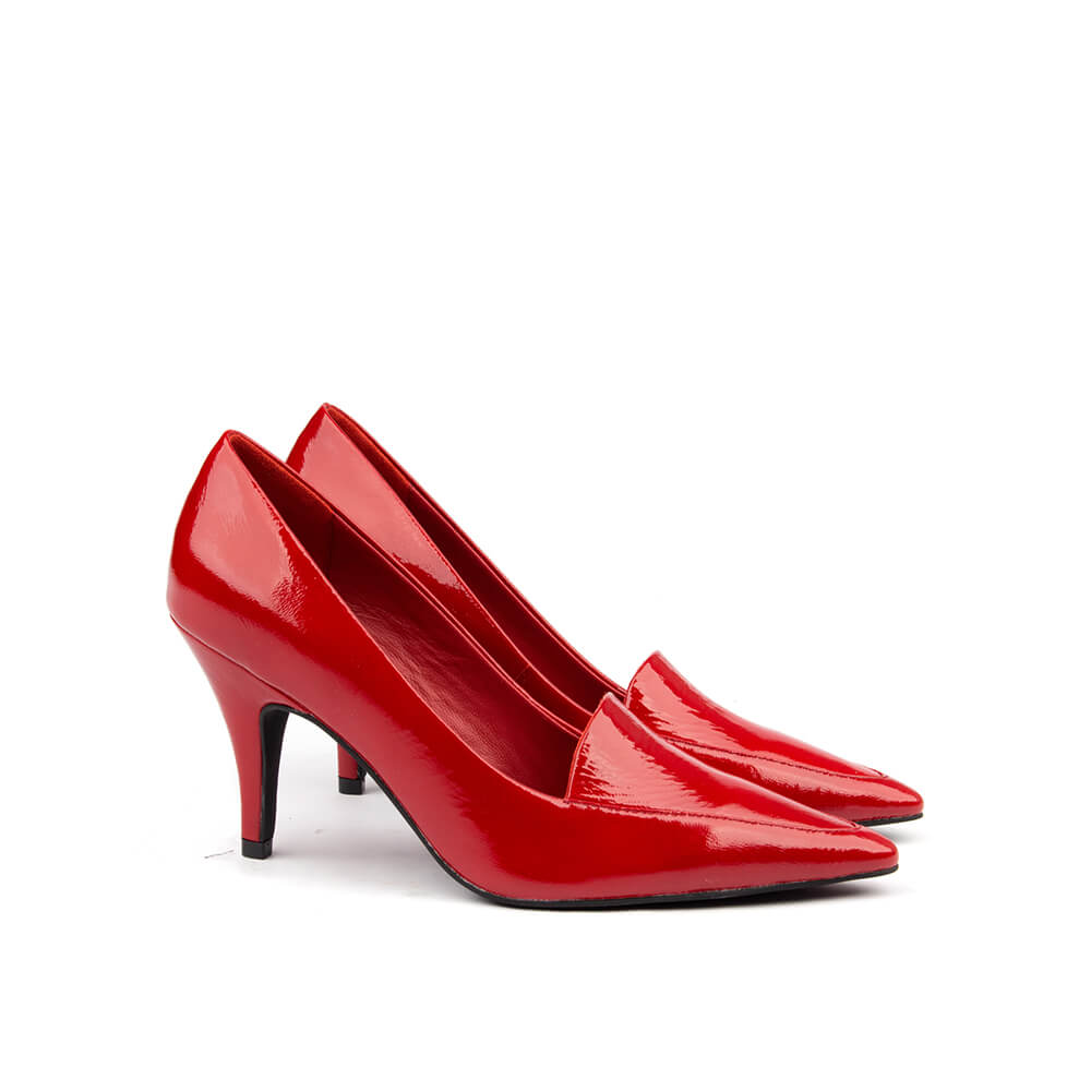 Cherry red patent leather stiletto heels — classic court pump side view