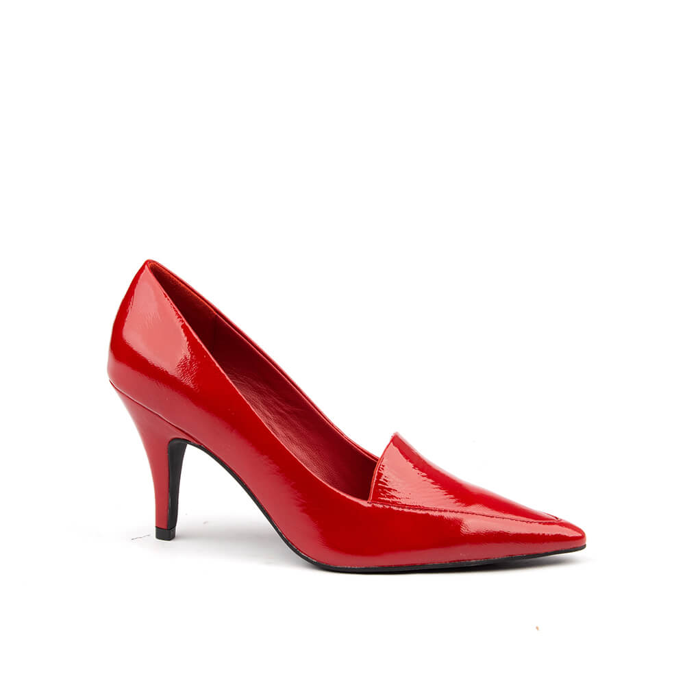 Women's bold red pointed toe heels with mid-height stiletto and patent finish