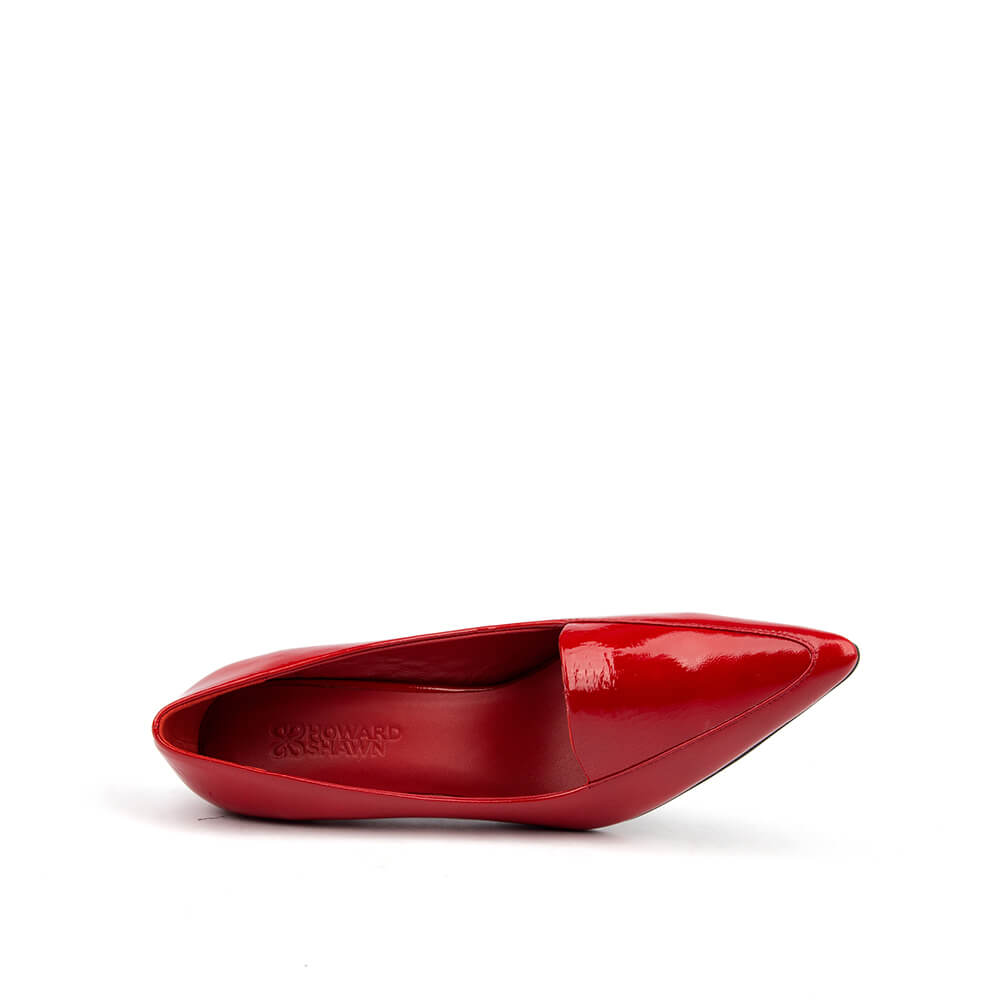 Cherry red stiletto pumps with V-cut topline and structured heel