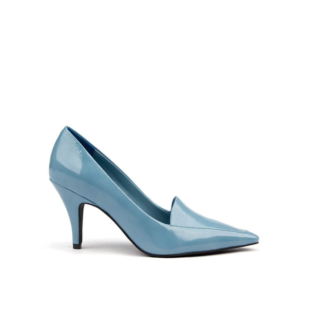 Patent leather pointed toe court heels in steel blue with stiletto heel