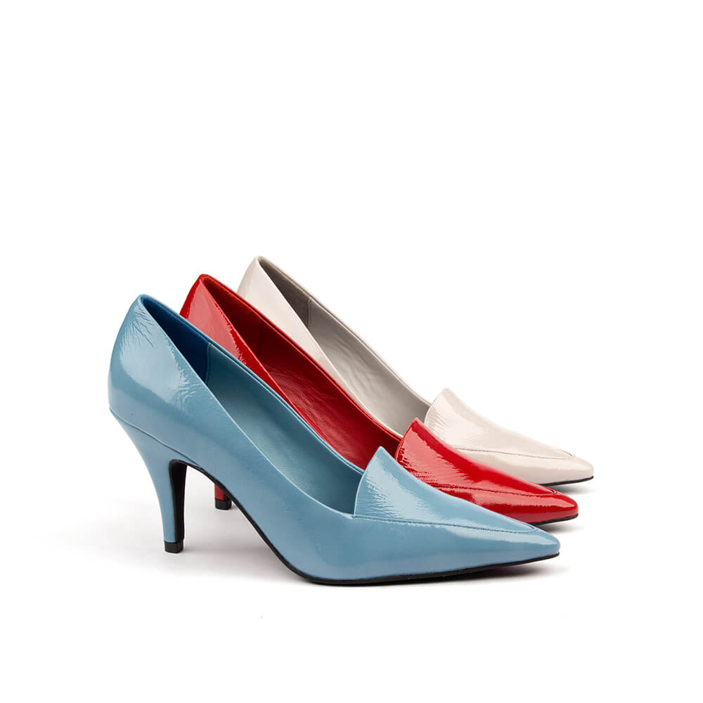 Patent court heels available in steel blue, cherry red and oyster cream