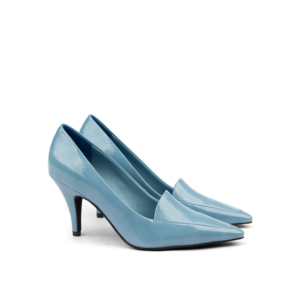 Steel blue patent leather stiletto heels — classic court pump side view