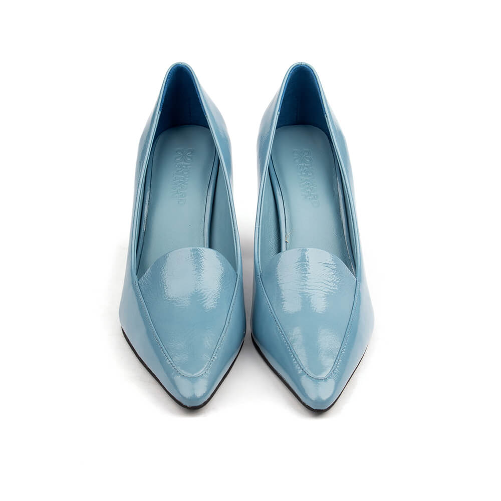Blue patent court shoes with sharp pointed toe and slender stiletto heel