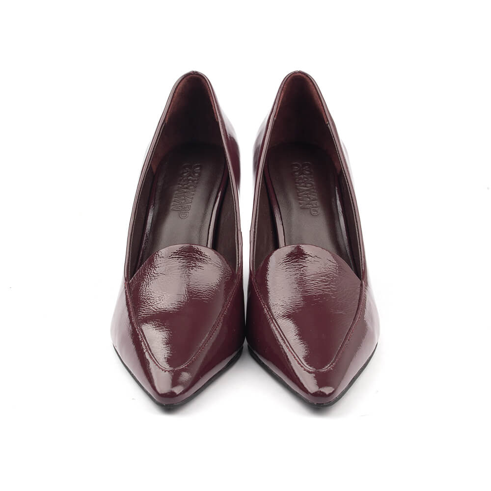 Deep wine burgundy high gloss patent court shoes stiletto mid heel