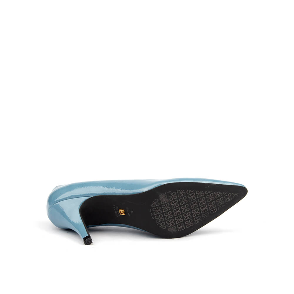 Women's classic court heels in steel blue patent — perfect office or occasion shoe