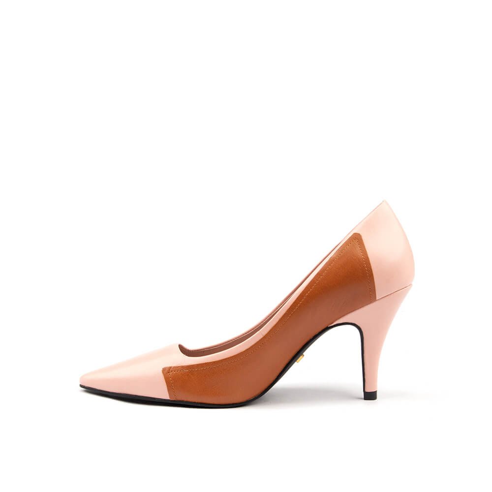 Women's colour-block stiletto pumps in blush and tan leather panels