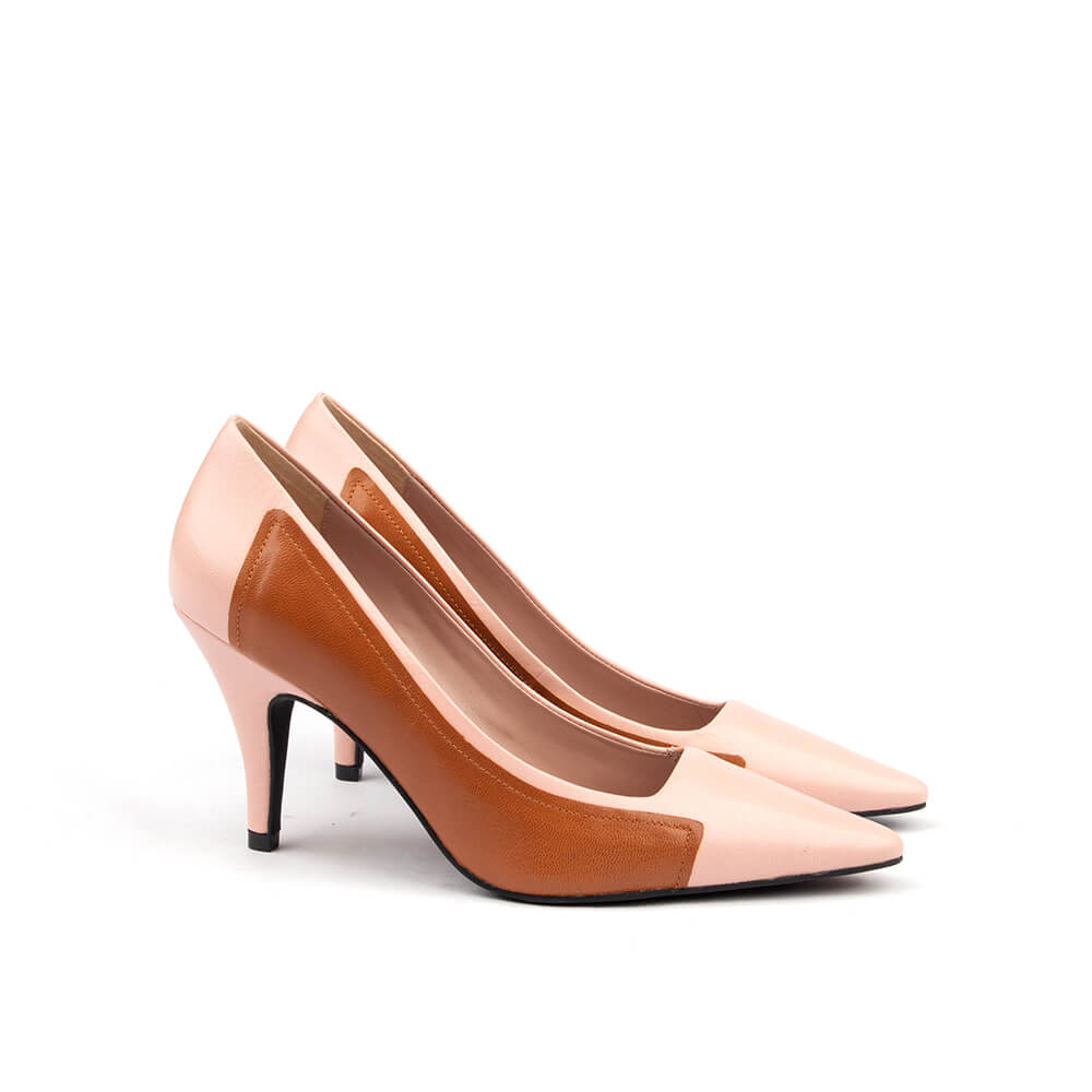 Blush and tan two-tone pointed toe heels — classic pump side view