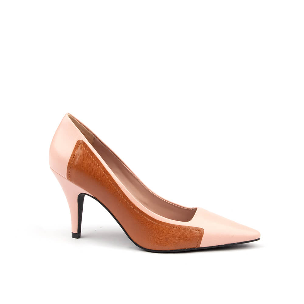 Women's elegant colour-block heels in soft pink and warm brown leather