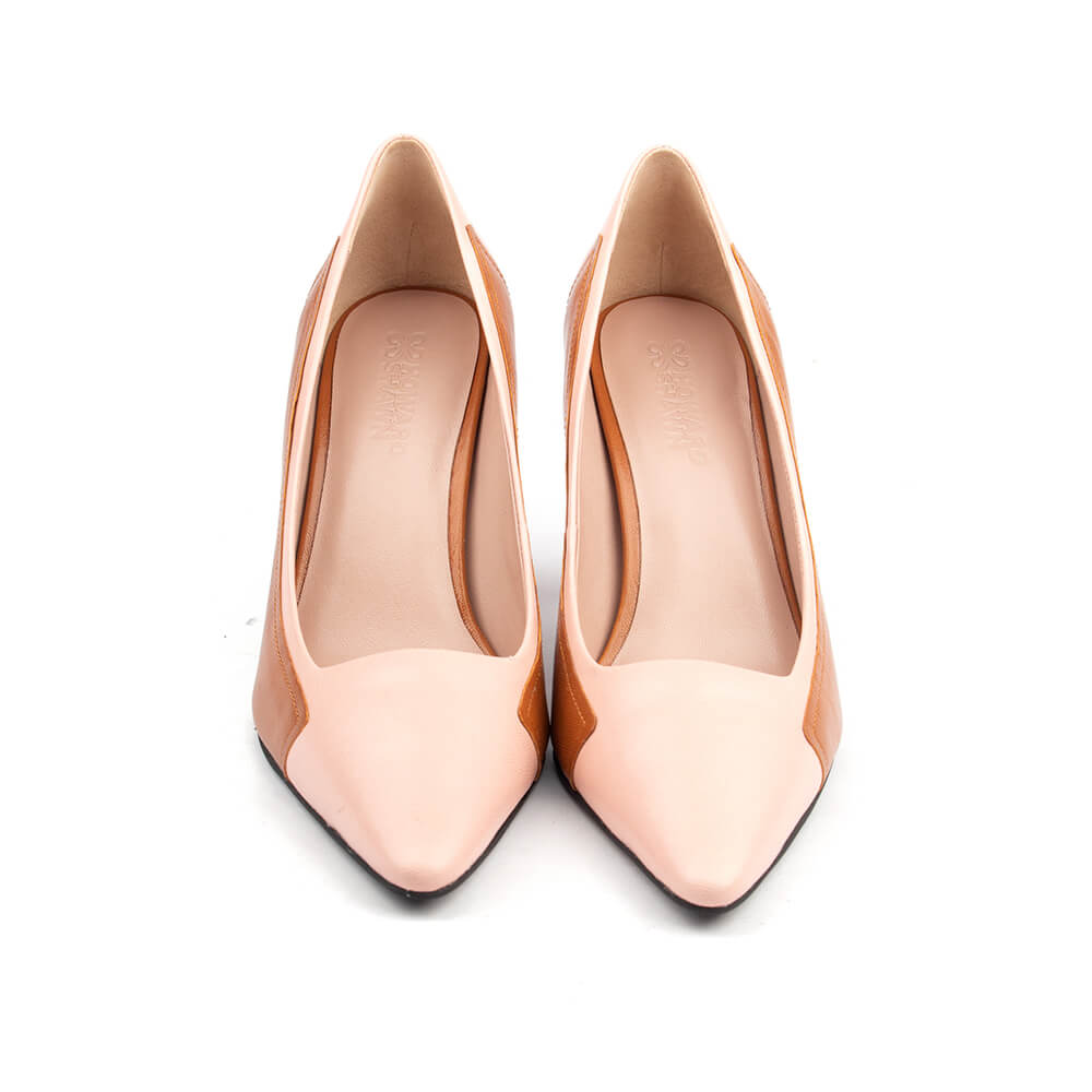 Blush pink and tan leather stiletto pumps with curved panel and pointed toe