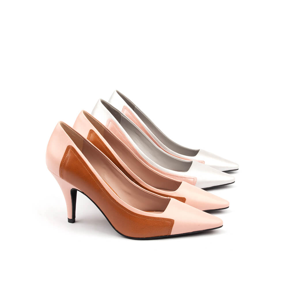 Elegant two-tone leather heels with curved panel detail — perfect gift for women