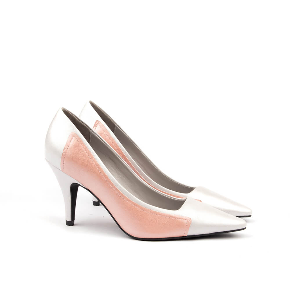Pearl and blush two-tone pointed toe heels — classic pump side view