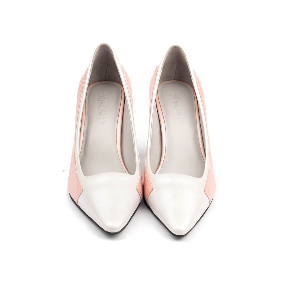 White and blush leather stiletto pumps with curved panel detail and pointed toe