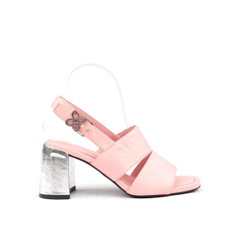 Pink leather block heel sandals with silver metallic heel and logo buckle slingback