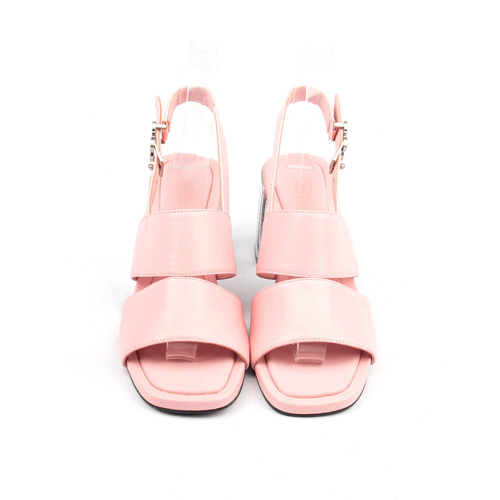 Open toe block heel sandals in pink with slingback strap and silver heel detail