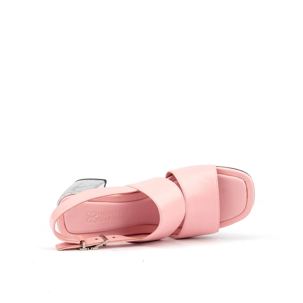 Women's mid-height block heel sandals in pink with silver textured heel