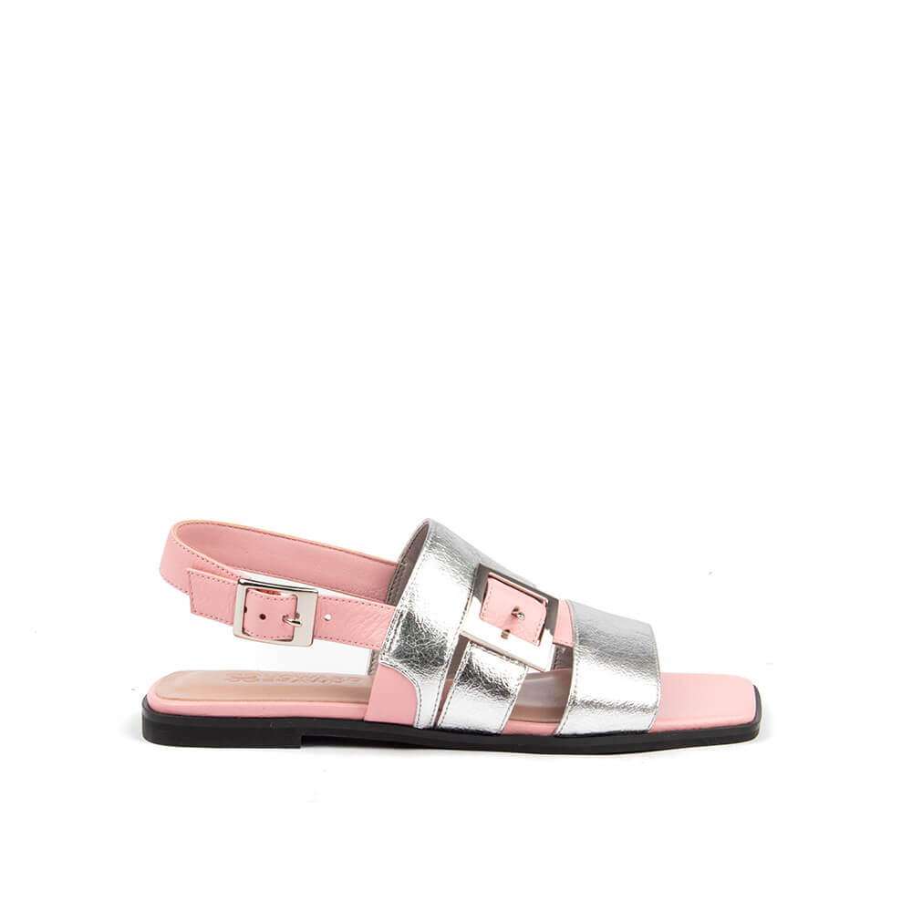 Pink and silver metallic flat sandal with double buckle strap and slingback