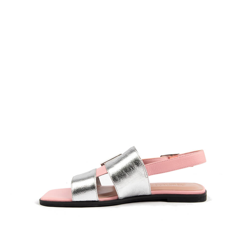 Women's two-tone silver and pink leather flat sandal with buckle detail