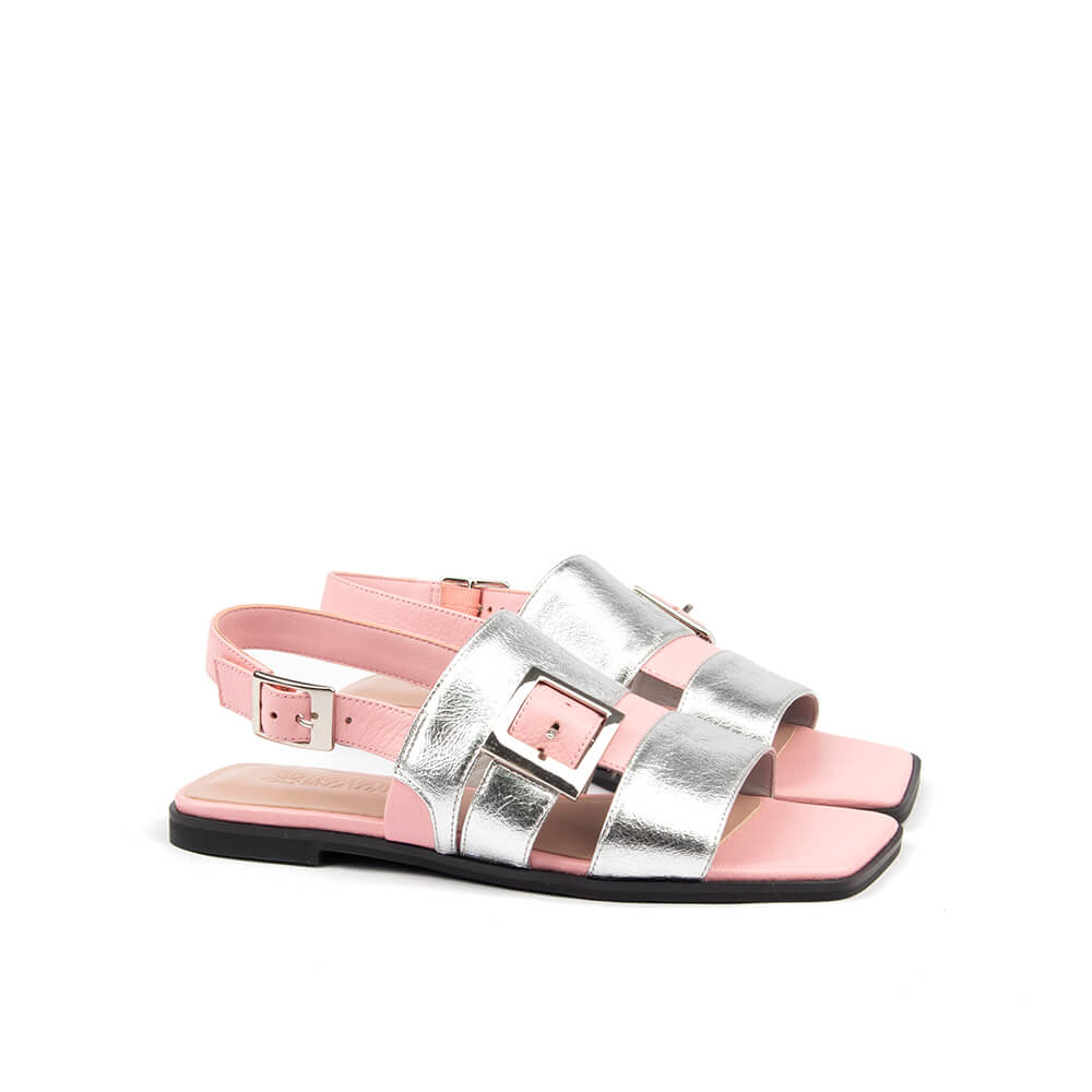 Metallic silver crossover strap sandal with pink leather slingback and buckle