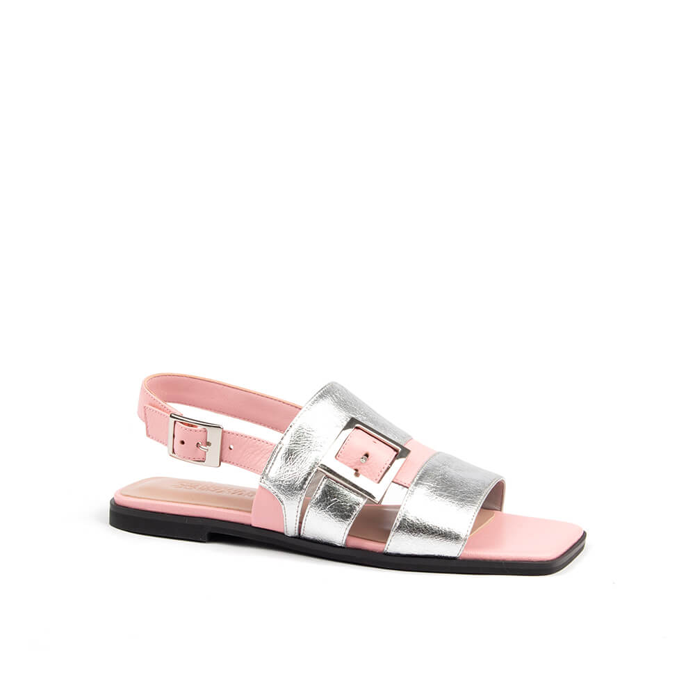 Women's pink and silver flat slingback sandal with double buckle closure