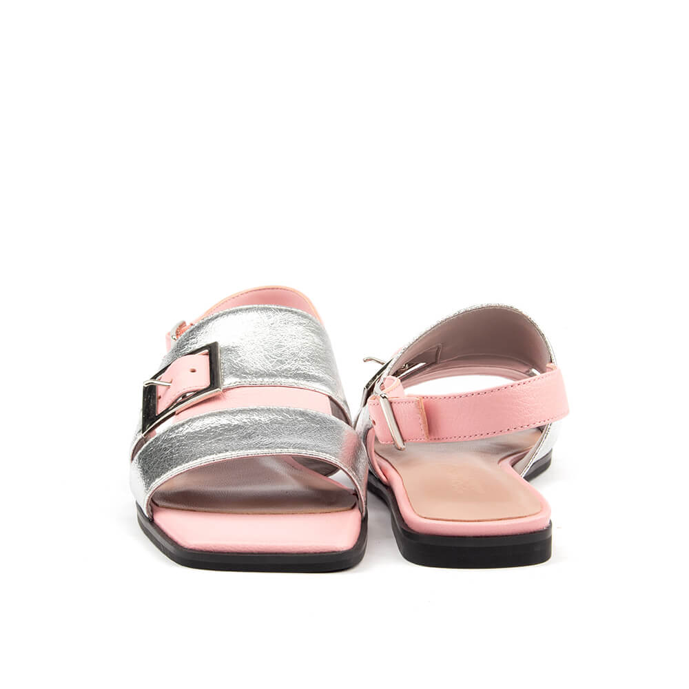 Chic pink and metallic silver flat sandal with buckle strap for summer