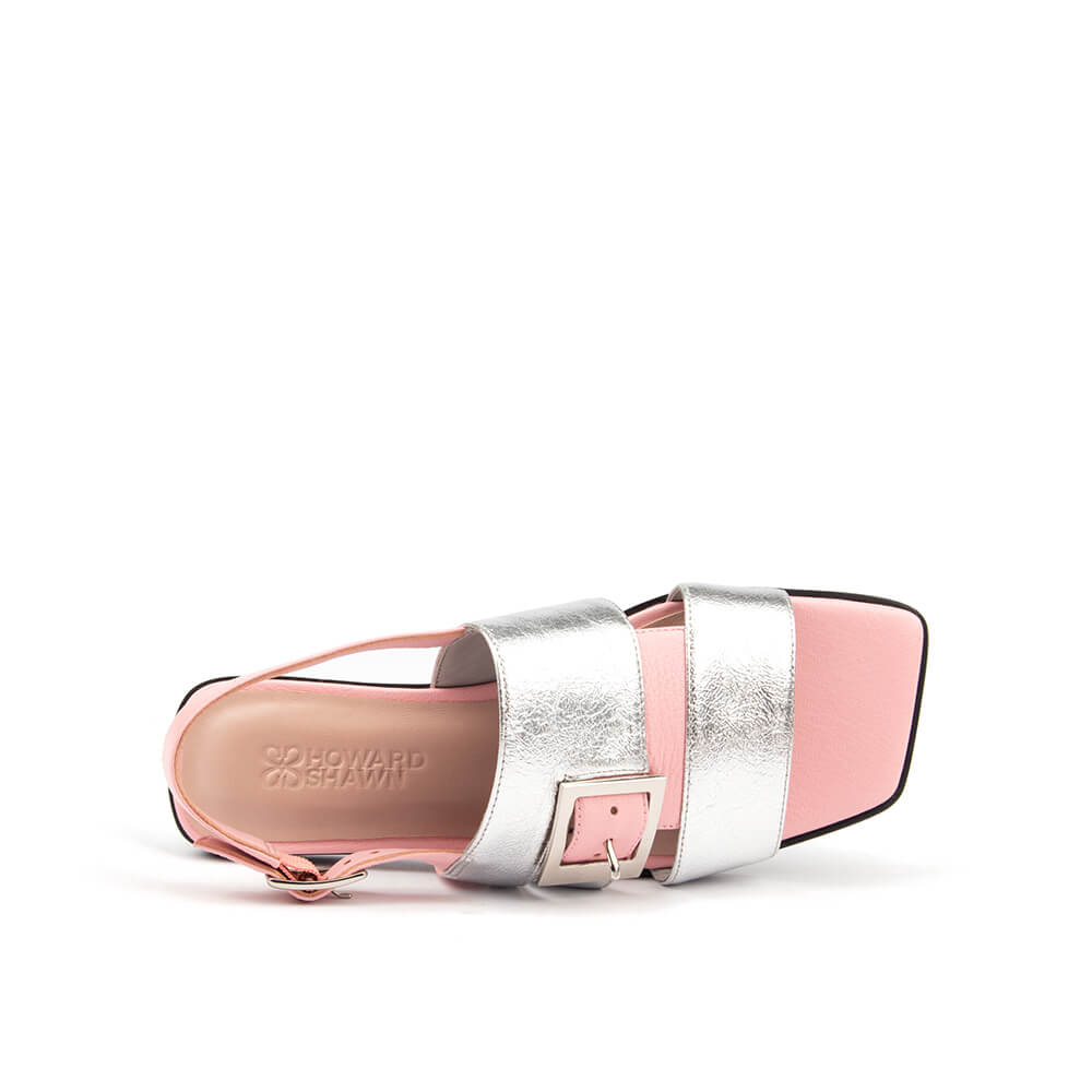 Crinkle metallic silver leather sandal with pink strap slingback and silver buckles