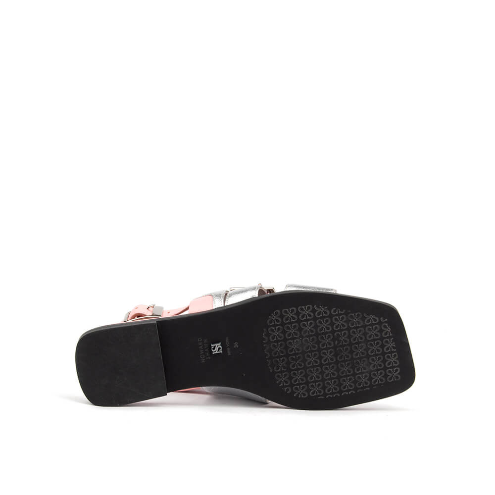 Flat sandal with wide metallic silver band pink leather slingback and square toe