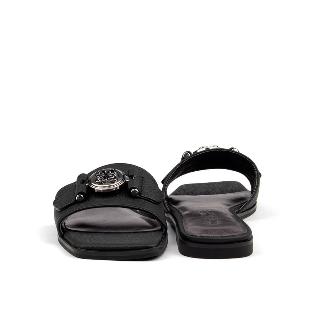 Women's black pebbled leather flat slide sandal silver logo medallion square toe